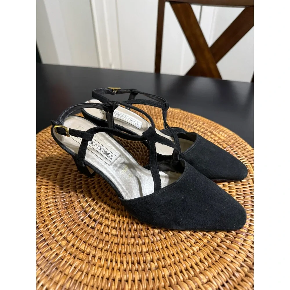Studio Roma Black Suede Slingback Pumps T-Strap Block Heel Brazil Size 6.5 36